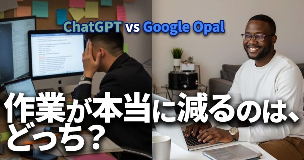 ChatGPTとGoogle Opalを比較し、AI効率化で本当に作業が減るのはどちらかを解説するイメージ