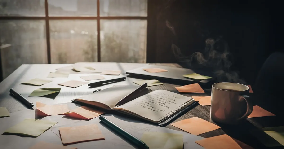 ADHDで習慣が続かず、付箋やノートが散らかった机の上で悩んでいる様子