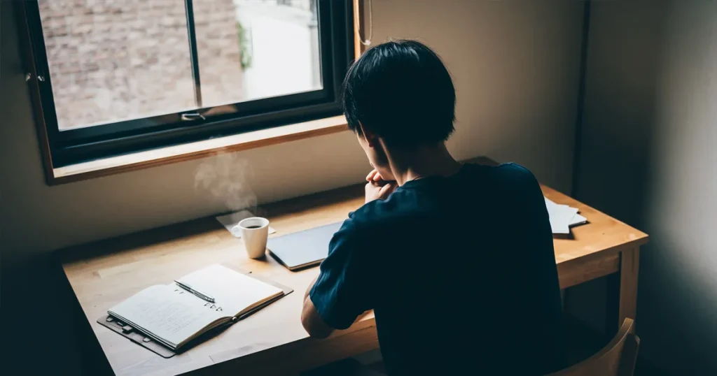 窓辺の机でノートと資料を前に考え込む人物の後ろ姿