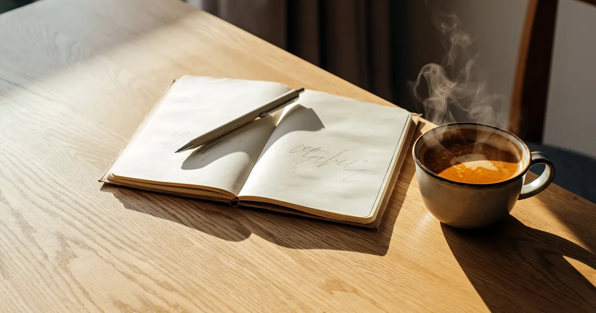 ADHDの内省やジャーナリングをイメージしたノートとコーヒーの写真
