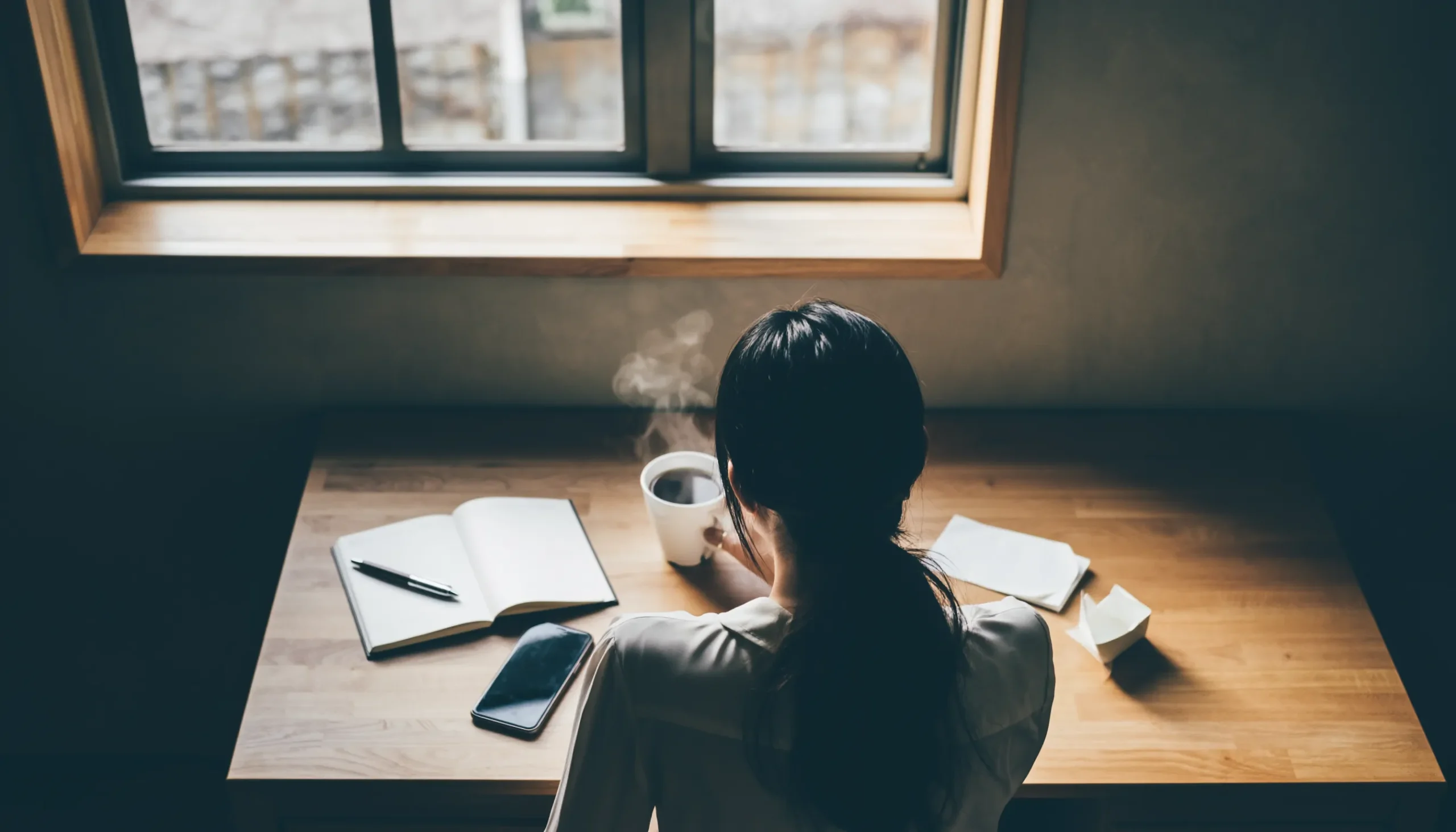 窓辺の机に座り、ノートとスマホを前に静かに考え込む人物の後ろ姿