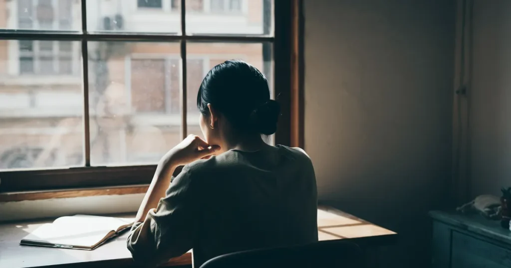 ADHDでやる気が出ず動けない日に、窓際で考え込む人物の後ろ姿
